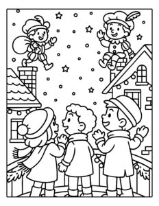 Kleurplaat van kinderen die omhoog kijken naar Pieten op de daken tijdens Sinterklaasavond.