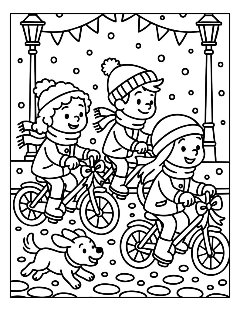Kleurplaat van kinderen die fietsen in de sneeuw met een vrolijk hondje erbij.
