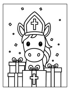 Sinterklaas kleurplaat van het paard van Sinterklaas, met cadeautjes en feestelijke versiering.