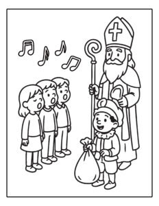 Kleurplaat van kinderen die zingen voor Sinterklaas en Piet met een zak vol cadeautjes.