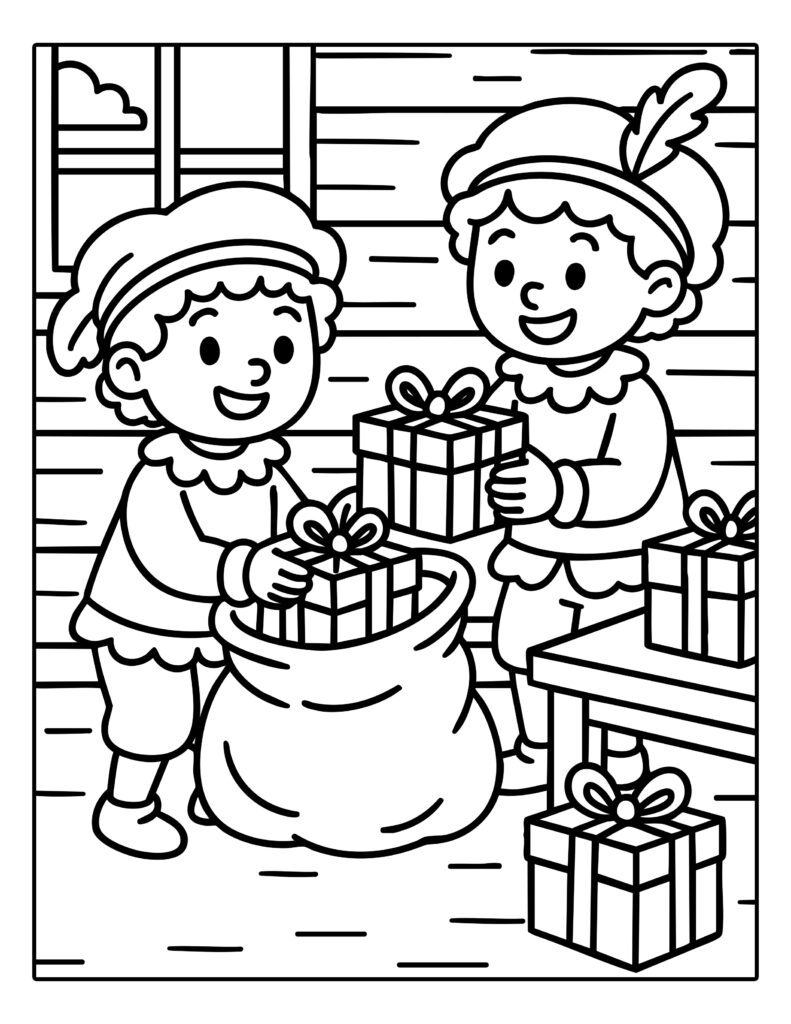 Kleurplaat van twee Pieten die cadeautjes in de zak van Sinterklaas stoppen.