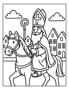 Kleurplaat van Sinterklaas die op zijn paard rijdt door de stad, met huizen en wolken op de achtergrond.