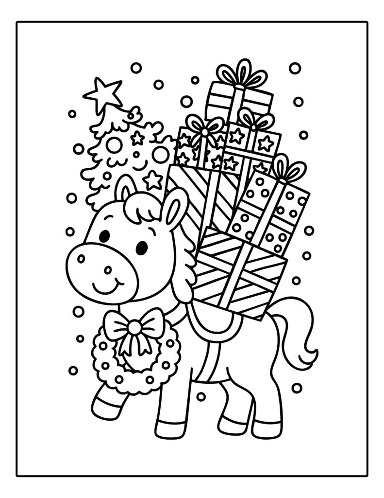 Kleurplaat van het paard van Sinterklaas met cadeautjes op zijn rug en een kerstboom op de achtergrond.