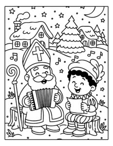 Kleurplaat van Sinterklaas en Piet die samen buiten in de sneeuw muziek maken en zingen, met huisjes, bomen en sterren op de achtergrond.