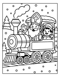 Kleurplaat van Sinterklaas en Piet die vrolijk zwaaien vanuit een stoomtrein in een winters landschap.