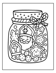Kleurplaat van een pot vol lekkers met Sinterklaas, sterkoekjes, pepernoten en kerstversiering erin.