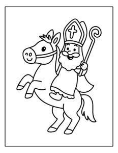 Kleurplaat van Sinterklaas die met zijn staf op zijn paard Ozosnel rijdt.