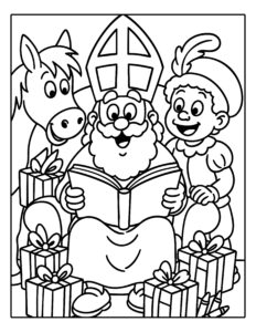 Kleurplaat van Sinterklaas die voorleest uit zijn grote boek, samen met een vrolijke Piet en zijn paard, omringd door cadeautjes.