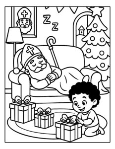 Kleurplaat van Sinterklaas die slaapt in zijn stoel, terwijl een kind blij cadeautjes bekijkt bij de kerstboom.