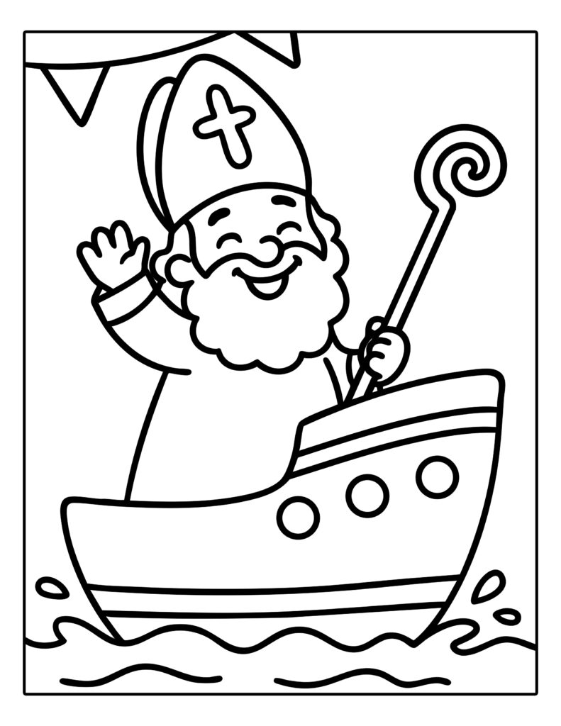 Kleurplaat van Sinterklaas die vrolijk zwaait vanaf zijn stoomboot met vlaggetjes boven hem.