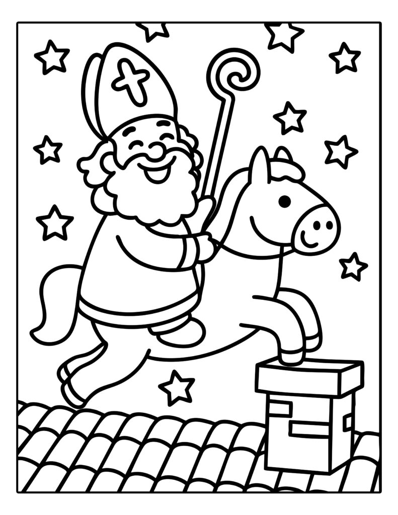 Kleurplaat van Sinterklaas die op zijn paard over de daken rijdt onder een hemel vol sterren.