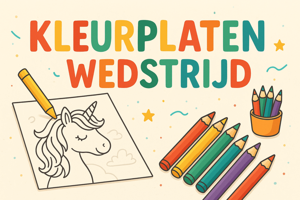 Vrolijke banner voor de Kleurplaat Wedstrijd – gratis meedoen en kans maken op een prijs