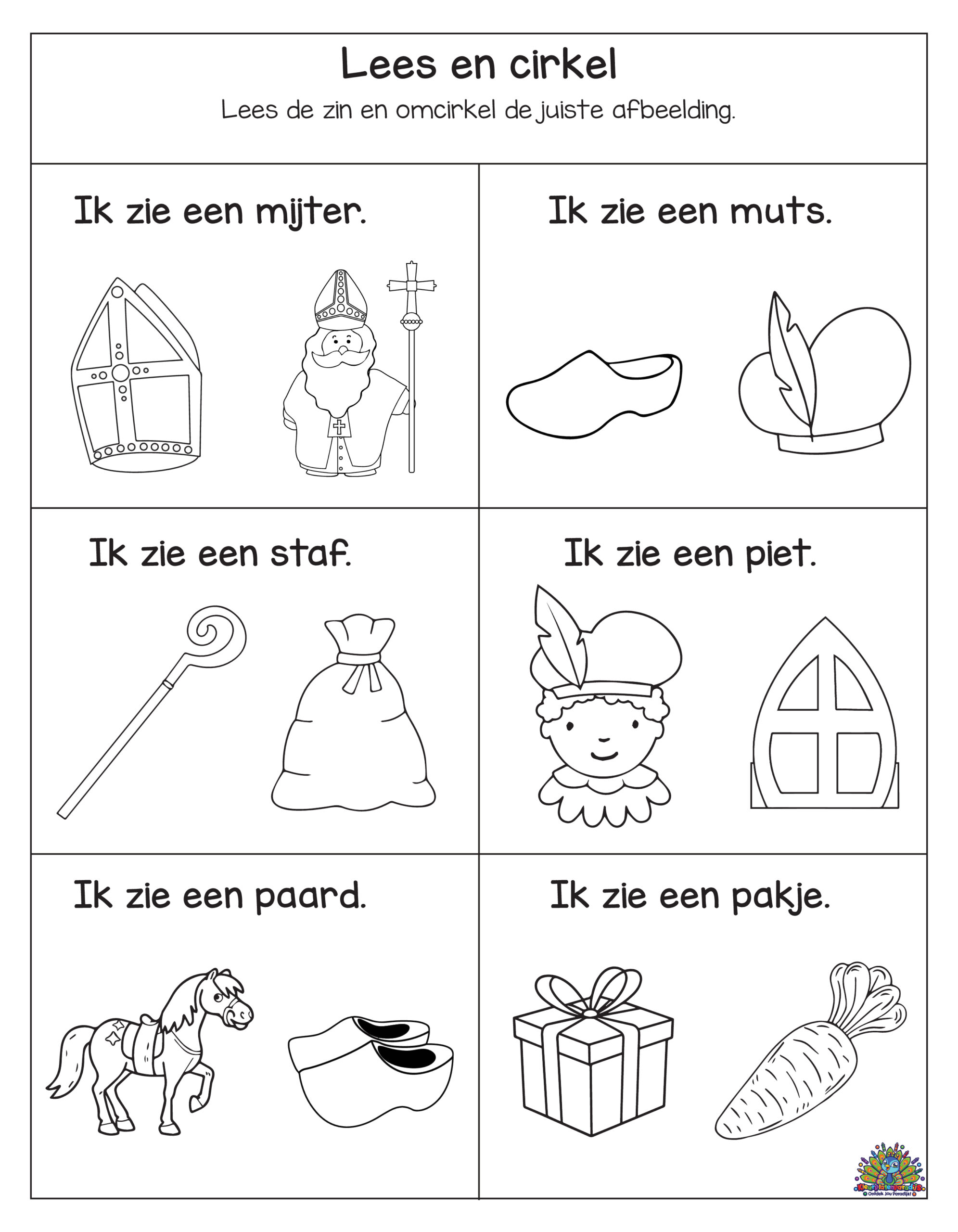 Sinterklaas werkblad waar kinderen zinnen lezen en de juiste afbeelding omcirkelen zoals mijter, muts, staf, piet, paard en pakje