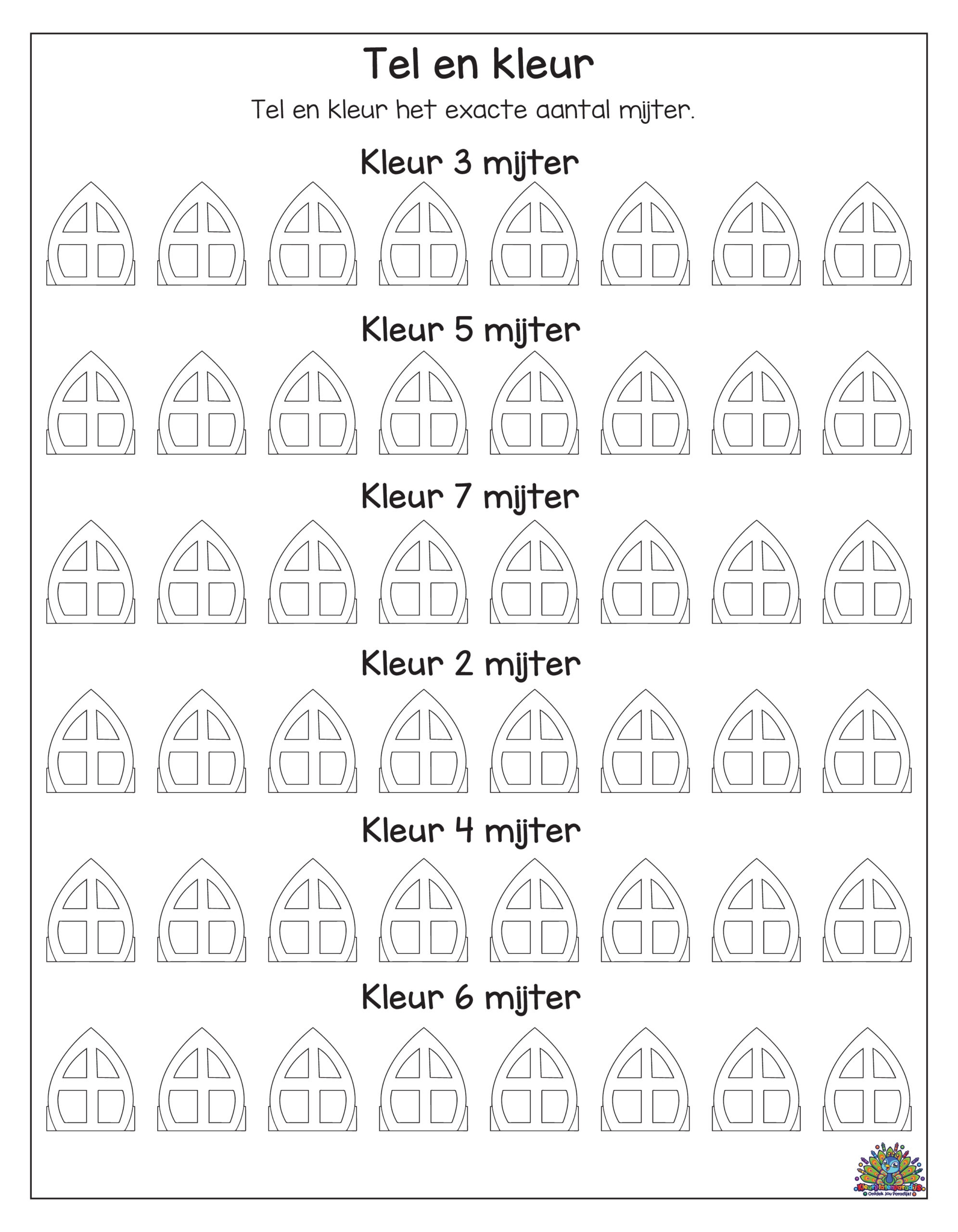 Sinterklaas tel en kleur mijters werkblad – gratis werkblad op A4