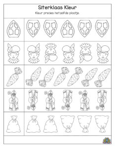 Sinterklaas werkblad waar kinderen precies dezelfde afbeelding moeten inkleuren, met mijters, pieten, wortels, Sinterklaas en zakken.