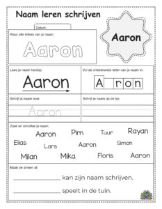 Werkblad voor kleuters om de naam Aaron te leren schrijven. Kinderen kleuren de letters, vullen de ontbrekende letter in, zoeken hun naam tussen andere namen en schrijven de naam Aaron op schrijflijnen.
