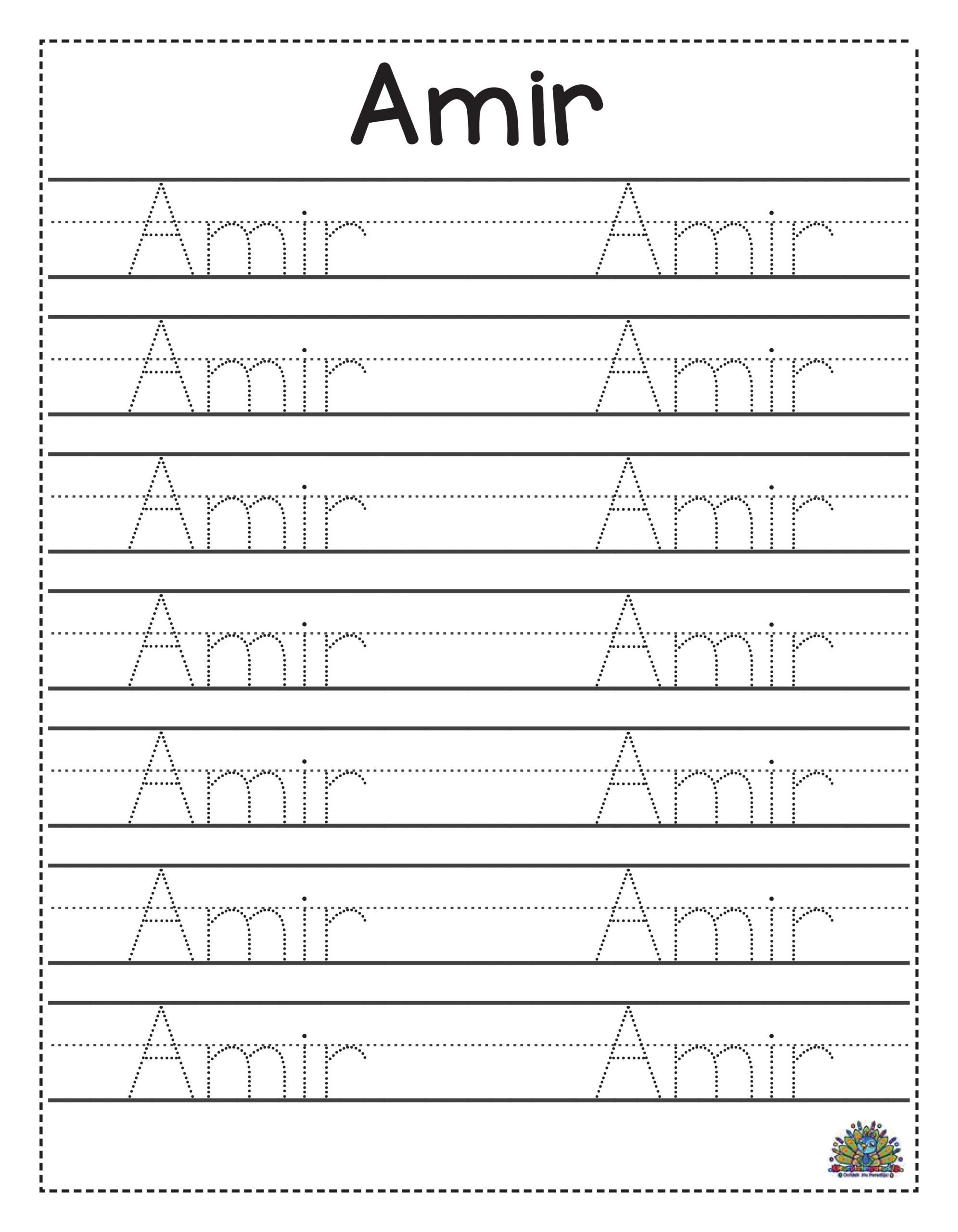 Werkblad voor kleuters om de naam Amir te leren schrijven. Kinderen volgen de stippellijnen en oefenen meerdere keren het schrijven van de naam Amir op schrijflijnen.