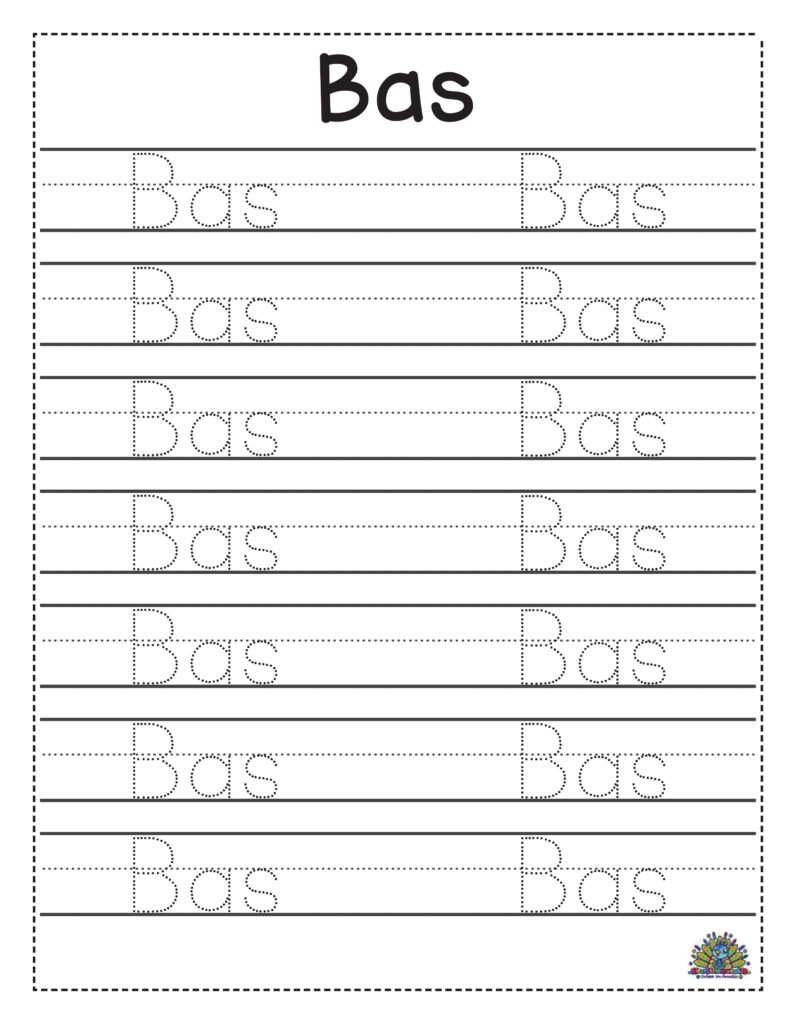 Werkblad voor kleuters om de naam Bas te leren schrijven. Kinderen volgen de stippellijnen en oefenen meerdere keren het schrijven van de naam Bas op schrijflijnen.