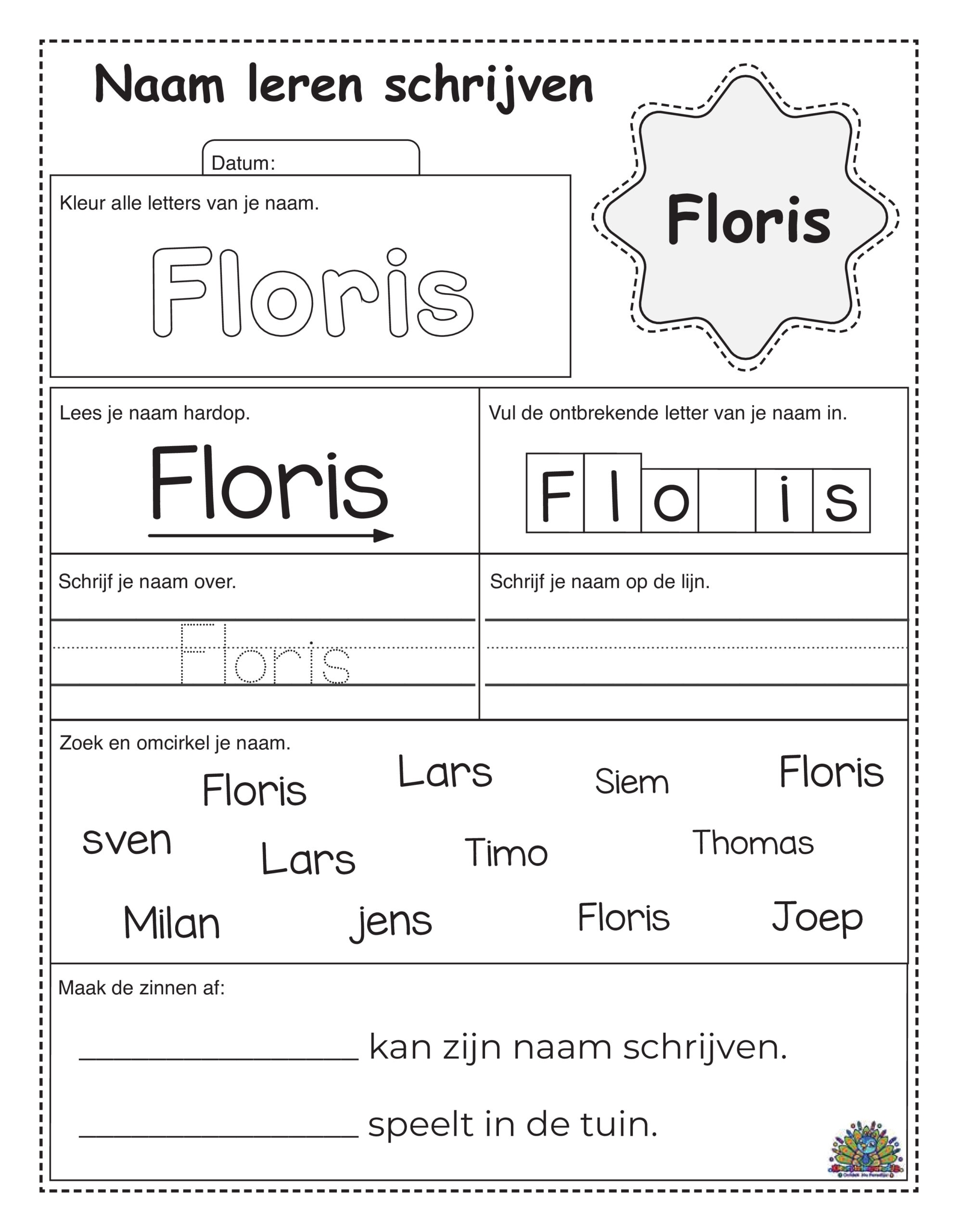 Werkblad om de naam Floris te leren schrijven met kleurletters, stippellijnen en schrijfoefeningen.
