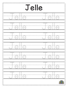 Werkblad om de naam Jelle te leren schrijven met stippellijnen en schrijfoefeningen.