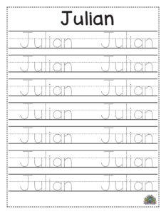 Werkblad om de naam Julian te leren schrijven met stippellijnen, voorbeeldletters en schrijfoefeningen.