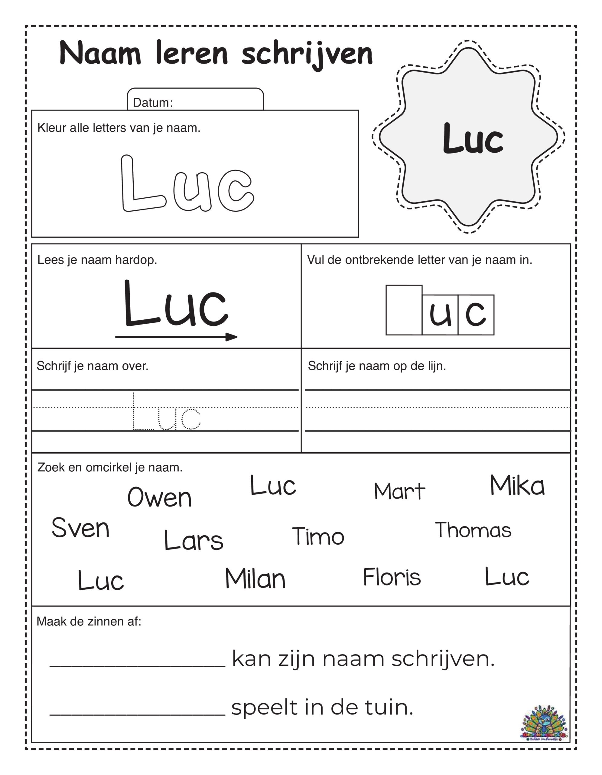 Uitgebreid werkblad om de naam Luc te leren schrijven met kleurletters, stippellijnen, ontbrekende letter en zoekopdracht.