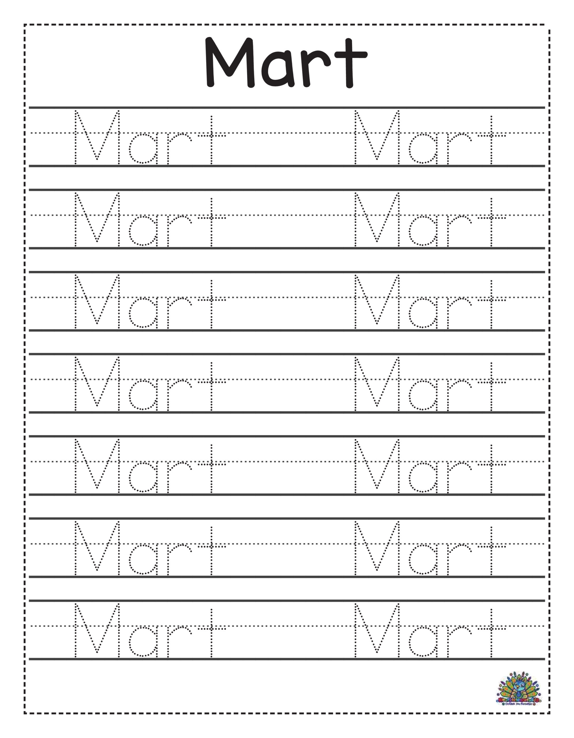 Werkblad om de naam Mart te leren schrijven met stippellijnen en schrijfoefeningen.