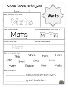Oefenblad om de naam Mats te leren schrijven met kleurletters, stippellijnen en schrijflijnen.