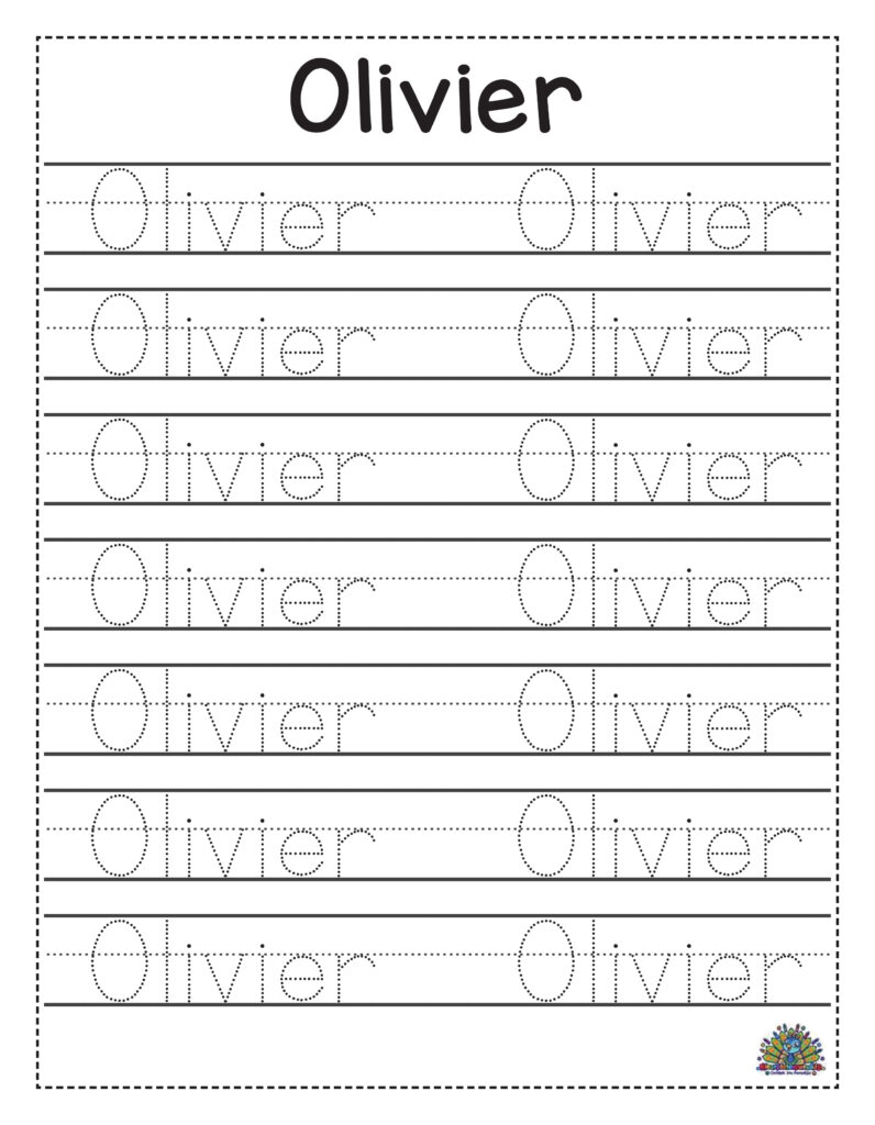 Oefenblad om de naam Olivier te leren schrijven met stippellijnen en schrijflijnen.