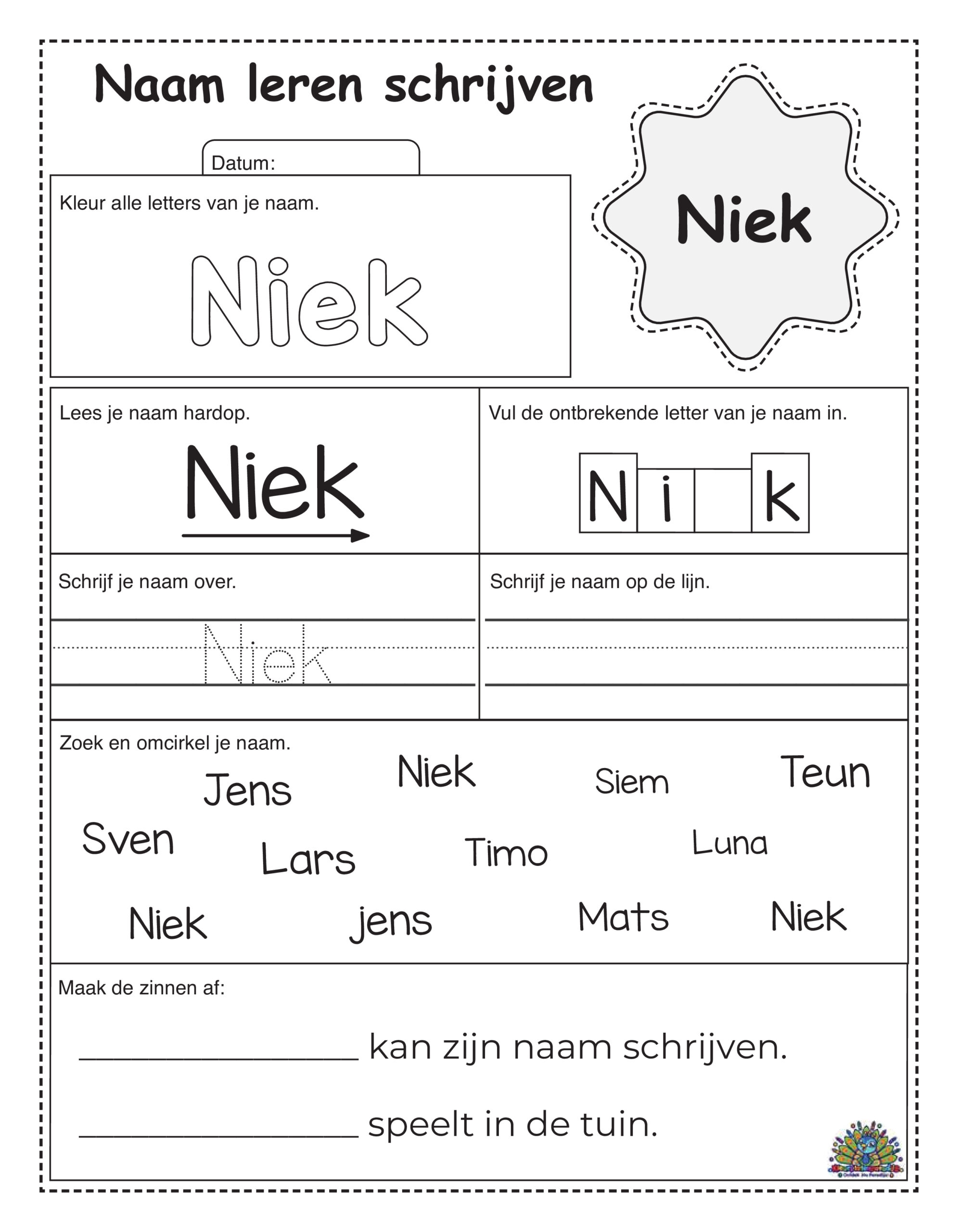 Oefenblad om de naam Niek te leren schrijven met kleurletters, stippellijnen en zoekopdrachten.