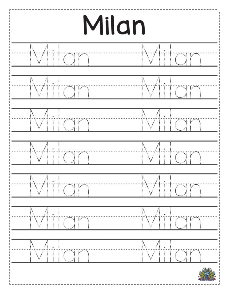 Oefenblad om de naam Milan te leren schrijven met stippellijnen en schrijflijnen.