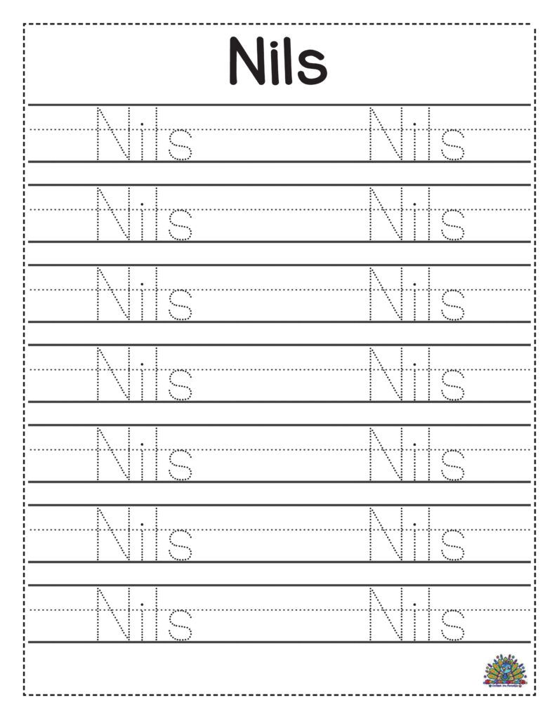Oefenblad om de naam Nils te leren schrijven met stippellijnen en schrijflijnen.