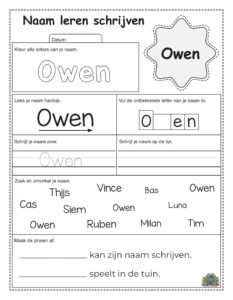 Werkblad om de naam Owen te leren schrijven met stippellijnen, schrijflijnen en letteroefeningen.