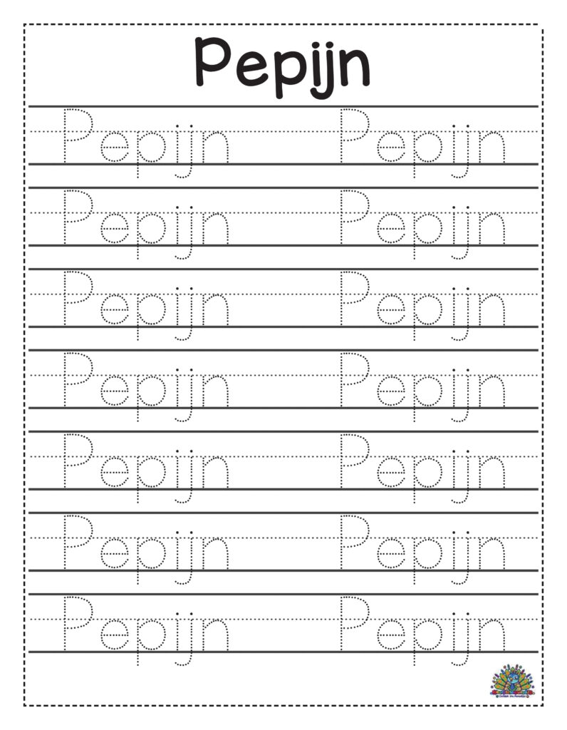 Werkblad om de naam Pepijn te leren schrijven met stippellijnen en schrijflijnen voor jonge kinderen.