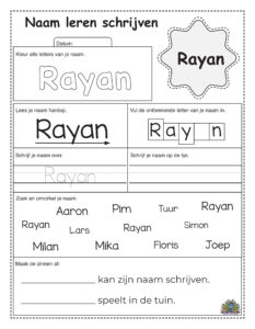 Schrijfoefenblad met oefeningen om de naam Rayan te leren schrijven, inclusief stippellijnen en zoekopdracht.