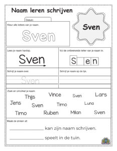 Werkblad voor kinderen om de naam Sven te schrijven en herkennen