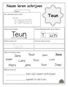 Werkblad voor kinderen om de naam Teun te kleuren en te schrijven