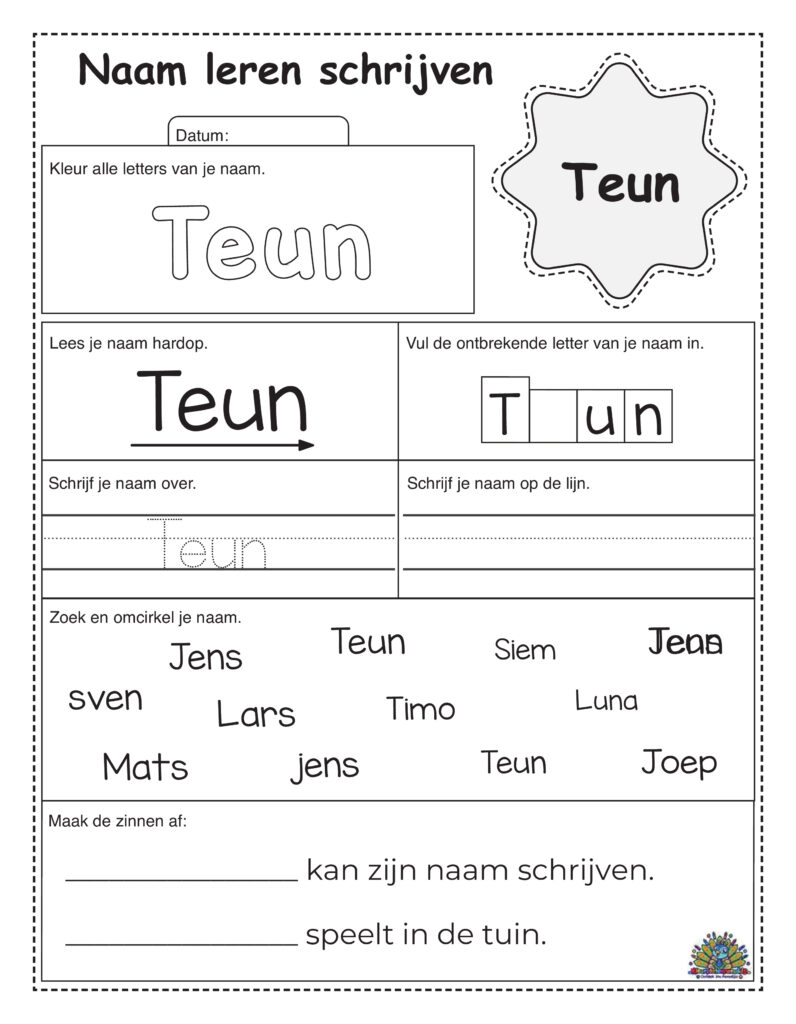 Werkblad voor kinderen om de naam Teun te kleuren en te schrijven