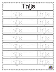 Schrijfwerkblad voor de naam Thijs met stippenlijnen om letters na te trekken