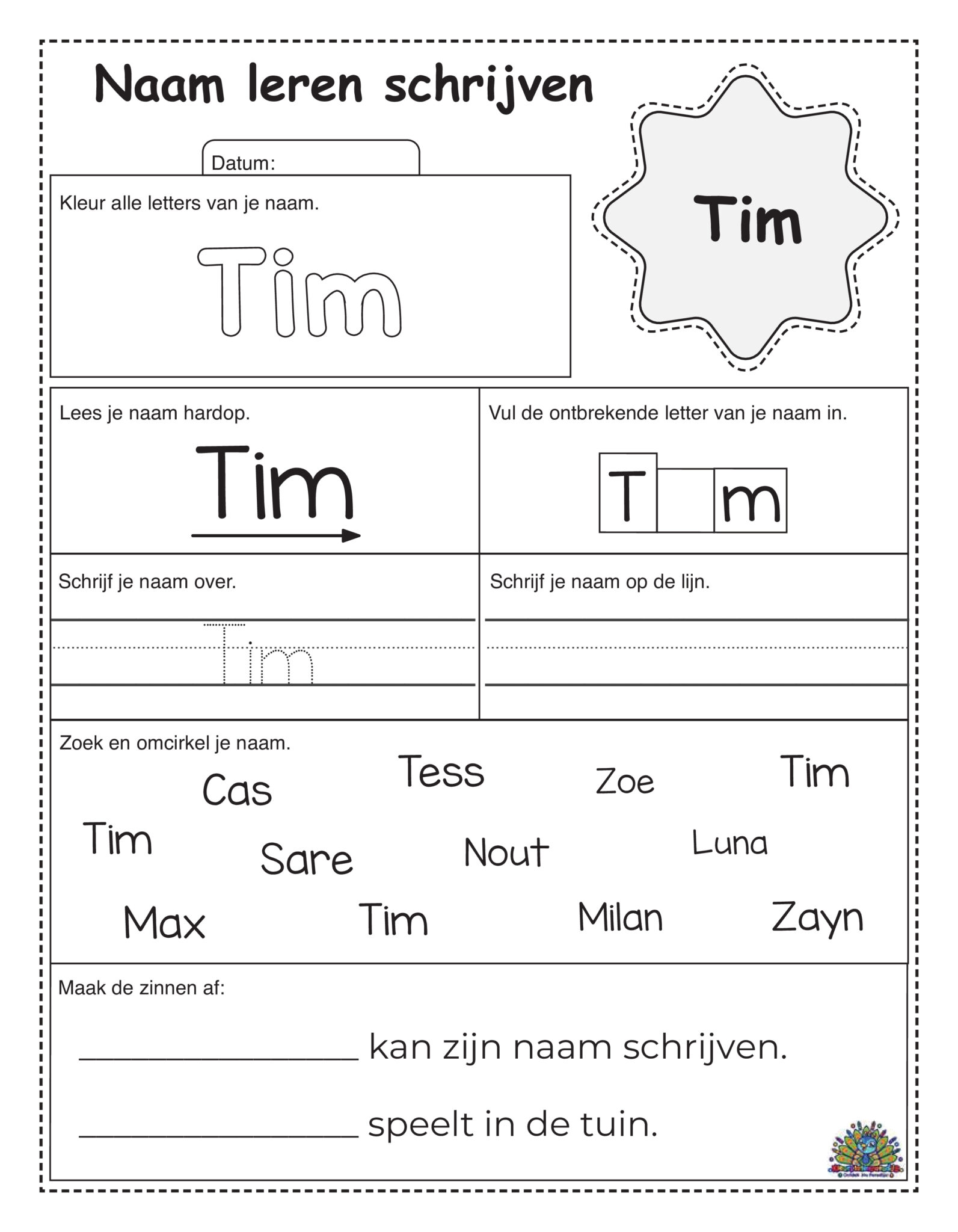 Naam leren schrijven – Tim (gratis werkblad)