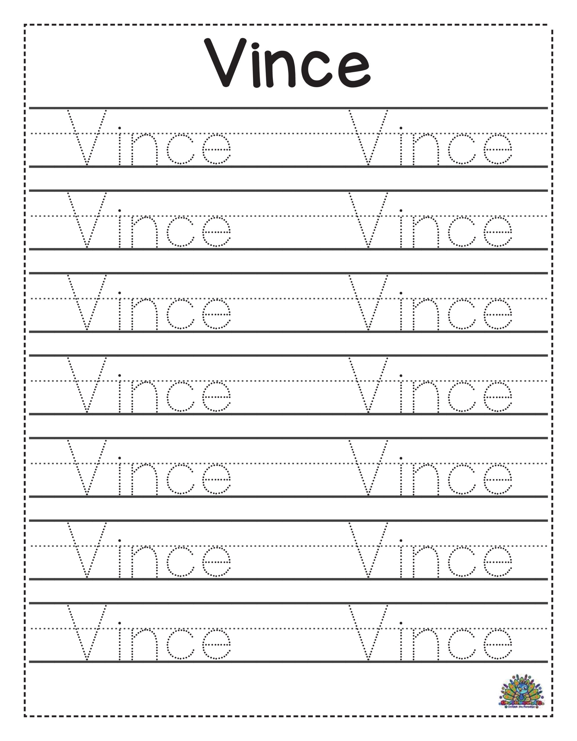 Schrijfoefenblad voor kinderen met de naam Vince. Het werkblad bevat stippellijnen om de naam Vince na te schrijven op schrijflijnen.