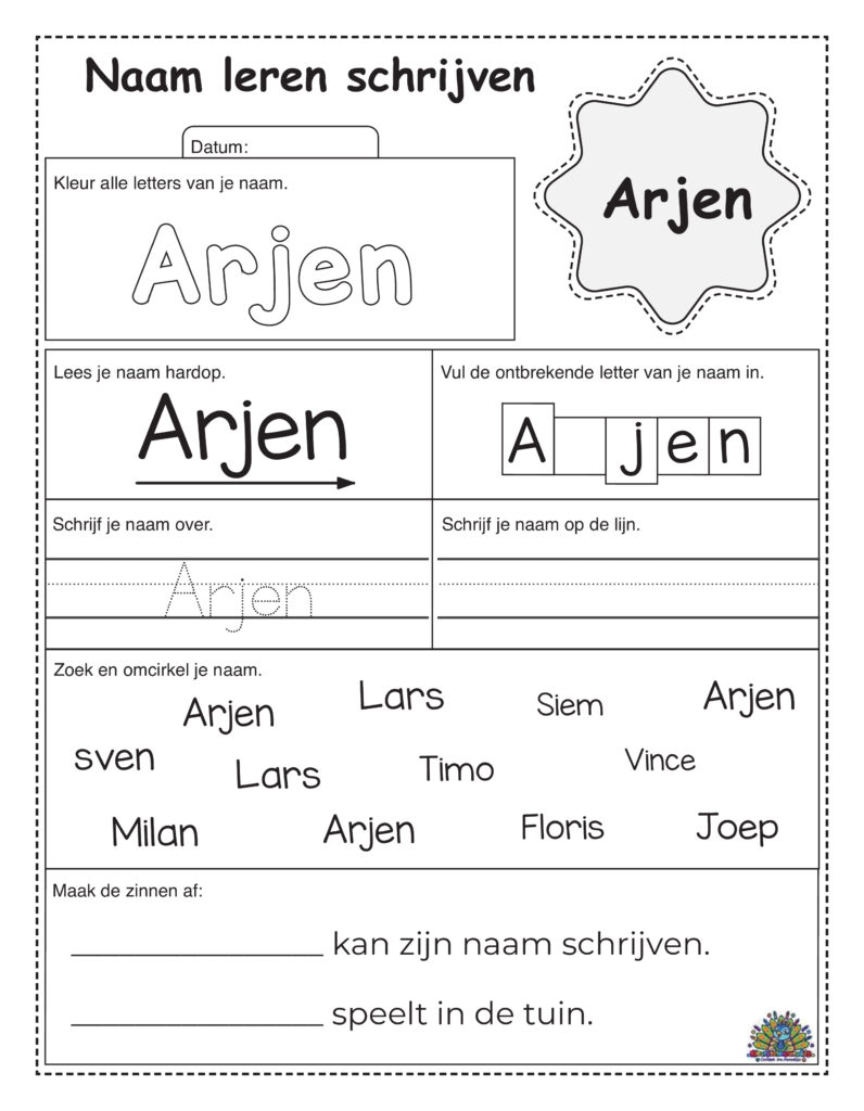 Invulblad voor kinderen om de naam Arjen te leren schrijven met kleurletters, schrijflijnen en zoekopdrachten.