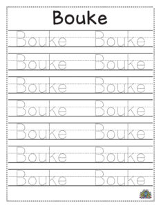 Werkblad voor kinderen om de naam Bouke te leren schrijven met stippelletters, schrijflijnen en oefenruimte.