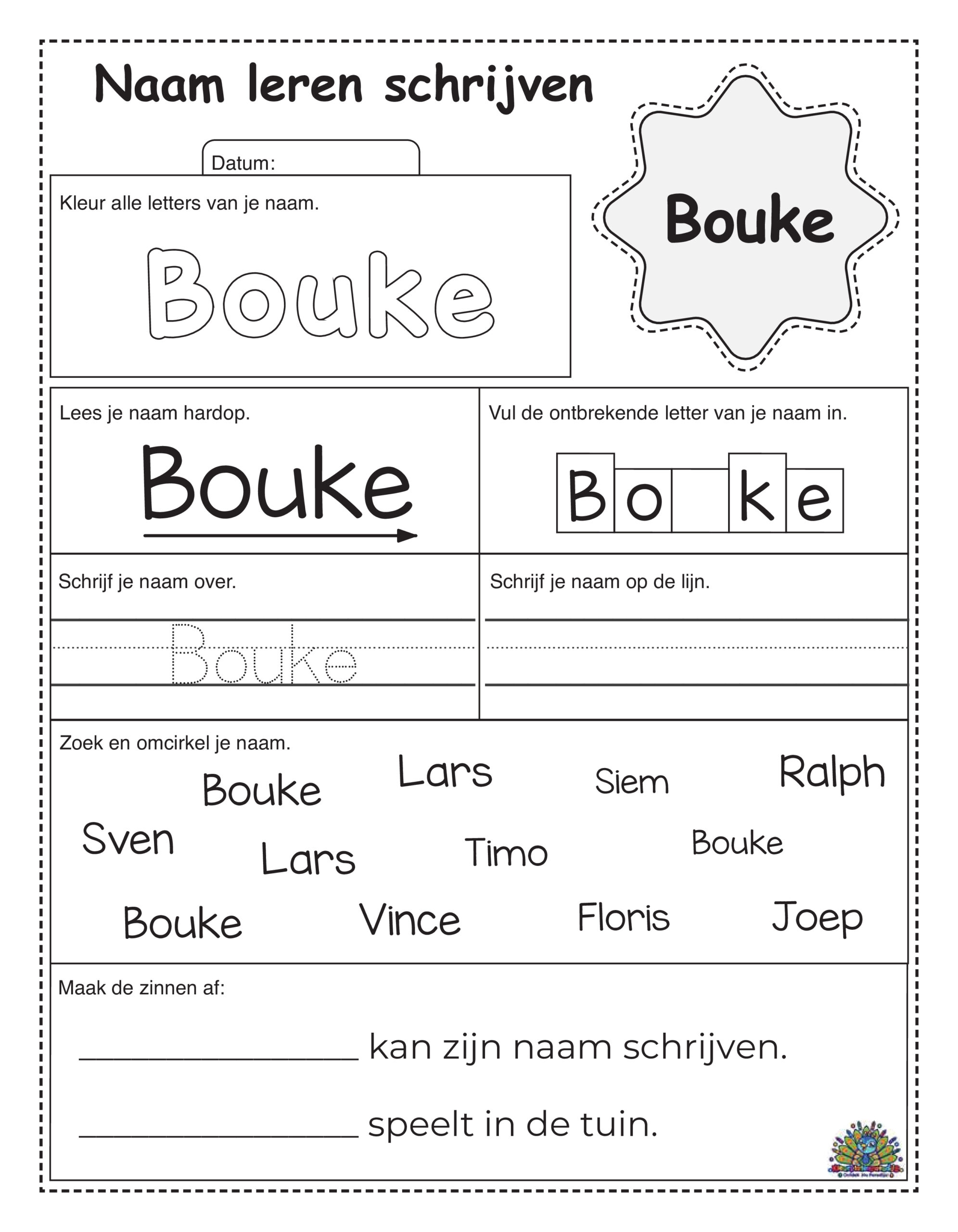Invulwerkblad voor kinderen om de naam Bouke te leren schrijven met kleurletters, stippellijnen, ontbrekende letter invullen en zoekopdracht.