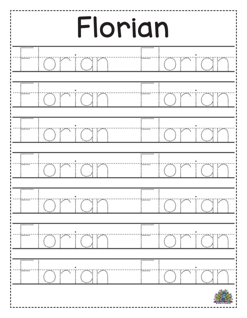Werkblad om de naam Florian te leren schrijven met stippellijnen en schrijfoefeningen voor kinderen.
