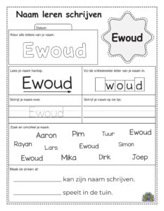 Werkblad voor kleuters om de naam Ewoud te leren schrijven. Kinderen kleuren de letters, vullen de ontbrekende letter in, zoeken Ewoud tussen andere namen en schrijven de naam op schrijflijnen.