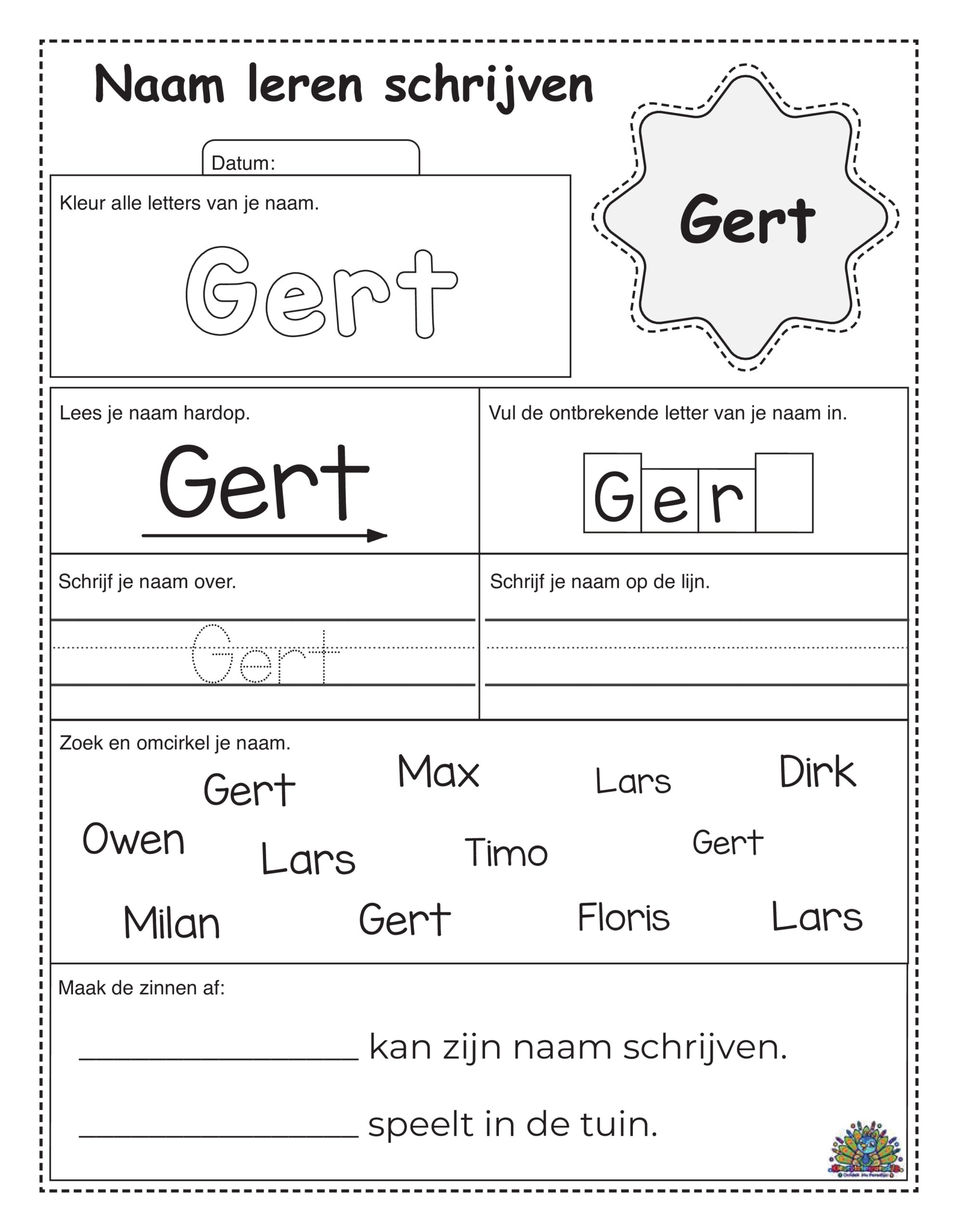 Werkblad voor kleuters om de naam Gert te leren schrijven. Kinderen kleuren de letters, vinden de naam tussen andere namen en oefenen de naam Gert schrijven door te stempelen, overtrekken en zelf te schrijven.