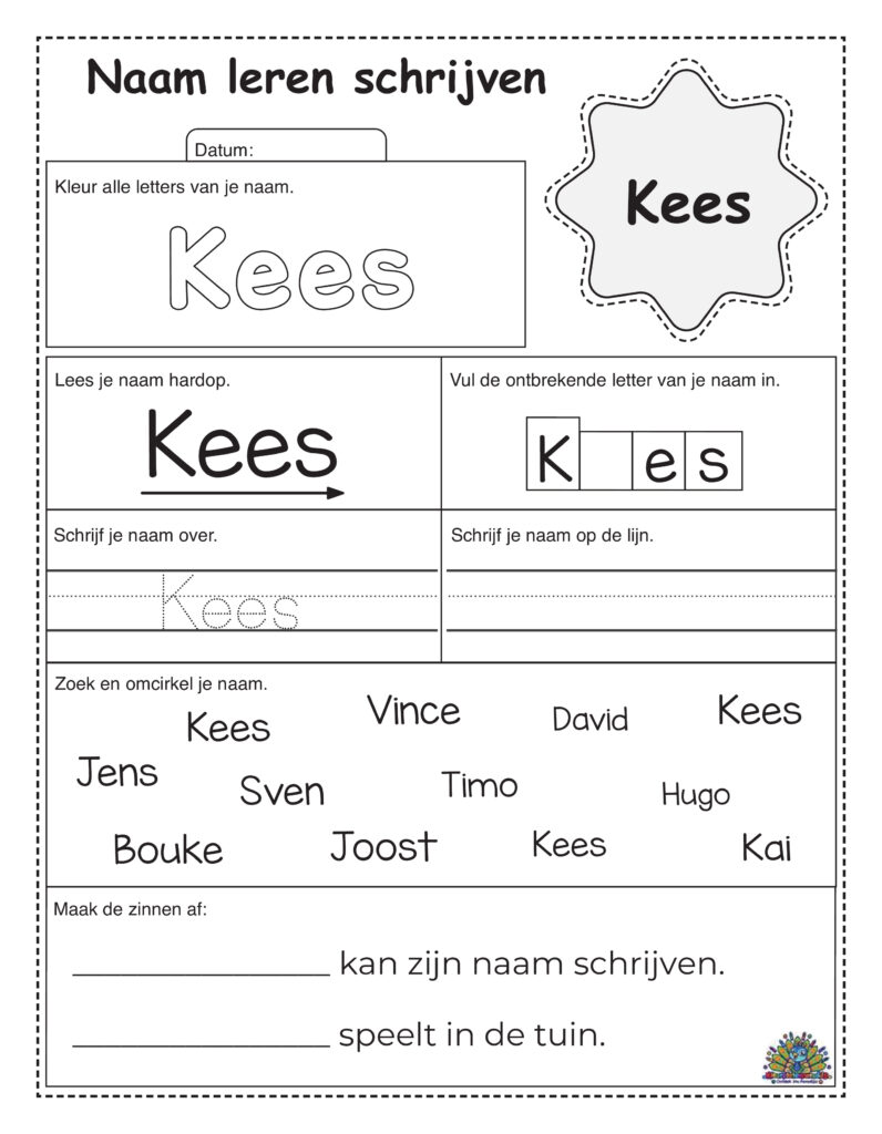 Werkblad om de naam Kees te leren schrijven met kleurletters, stippellijnen en schrijfoefeningen.