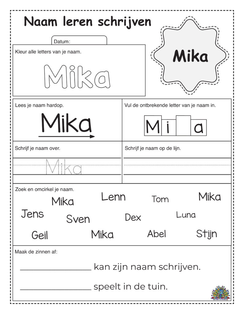 Werkblad naam leren schrijven – Mika
