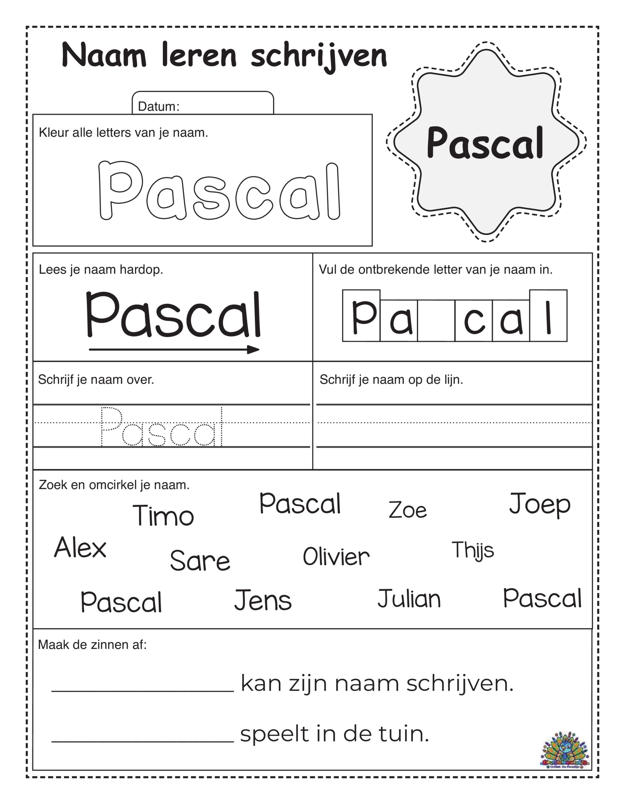 m leren schrijven werkblad voor kinderen met de naam Pascal, inclusief letters kleuren, overschrijven, ontbrekende letters invullen en woordzoek